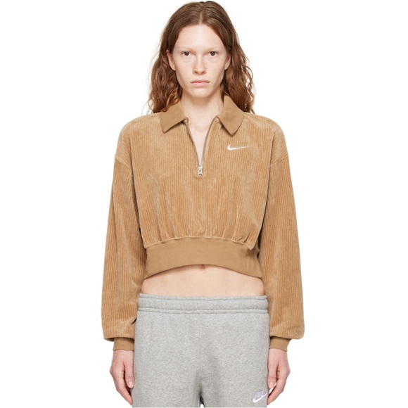 Nike Tops - Nike Cropped Corduroy Velour 1/4 Zip Sweatshirt Tan